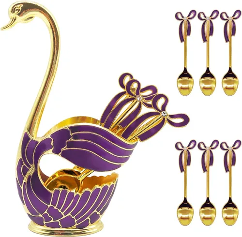 Miniatura 12 de Flylin Juego de cucharas de postre de café, soporte con base de cisne con 6 cucharas de helado, cucharaditas de café, postre y azúcar, cubiertos