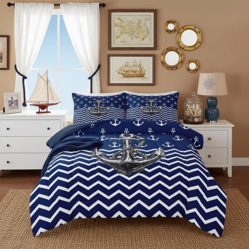 Miniatura 42 de Juego de edredón Lake House tamaño Twin, juego de ropa de cama náutica de navegación con ancla de 2 piezas para decoración de habitación de niños