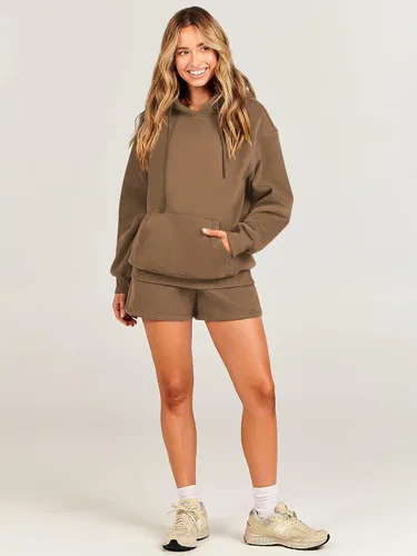 Miniatura 6 de ANRABESS Conjunto deportivo de 2 piezas para mujer, sudadera con capucha de gran tamaño, conjunto de sudadera corta a juego