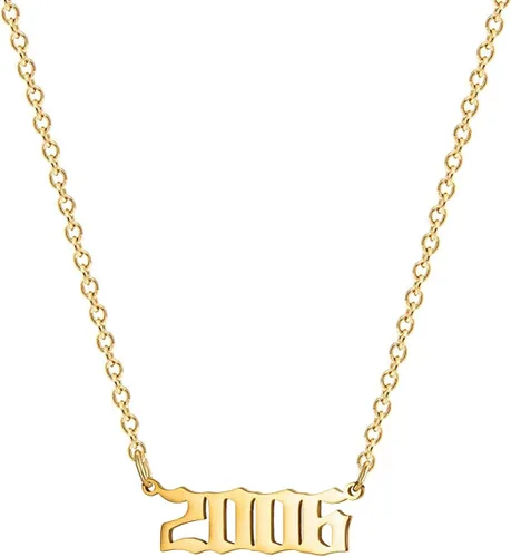 Collar de acero inoxidable chapado en oro de 18 quilates con colgante de número de año de nacimiento y aniversario para mujeres y niñas