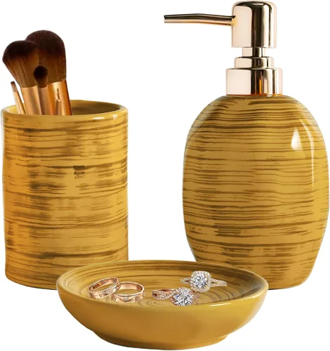 Miniatura 9 de Juego de accesorios de baño naranja quemado, 3 piezas de cerámica completa, soportes para cepillos de dientes, dispensador de jabón, jabonera