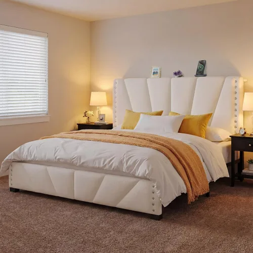 Miniatura 19 de EnHomee Base de cama de plataforma individual con cabecera ajustable tapizada de terciopelo, luces LED y estación de carga para dormitorio, Beige