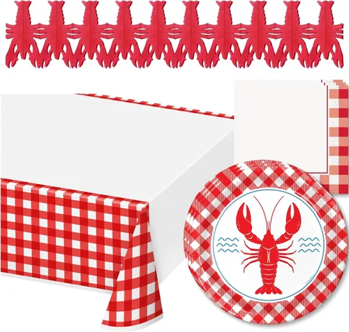 Miniatura 9 de Suministros para fiestas de cangrejos – 16 platos llanos de cangrejos de cangrejo, 16 platos de postre de clambake y gumbo y 32 servilletas rojas