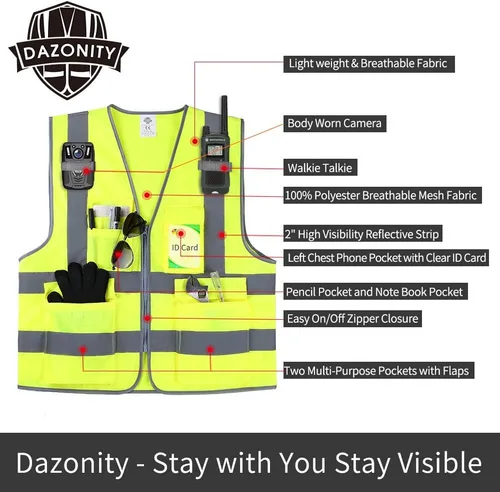 Miniatura 2 de Dazonity Chaleco de seguridad de alta visibilidad con múltiples bolsillos y cremallera, M, tiras reflectantes, apto para hombres y mujeres, trabajo