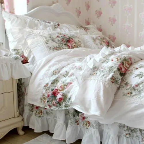Miniatura 11 de FADFAY Juego de ropa de cama floral estilo campestre francés con estampado de pájaros azules, colección de faldas de cama, 800 hilos por pulgada