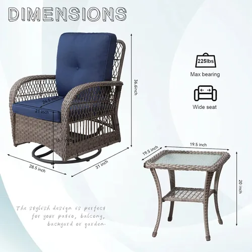 Miniatura 3 de Joyside Juego de 2 sillas giratorias para patio al aire libre y mesa auxiliar a juego, juego de 3 piezas de mimbre para patio con cojines de tela