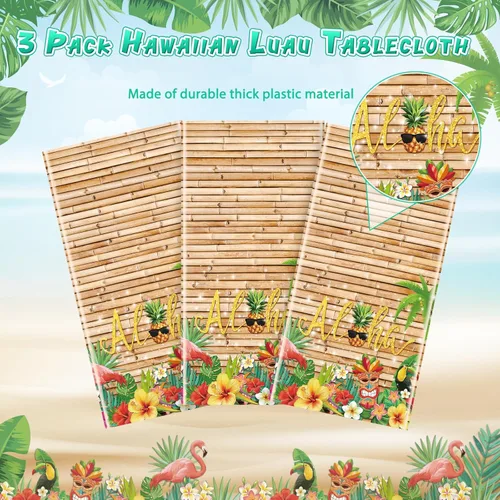 Miniatura 4 de Mantel hawaiano Luau de 3 piezas, mantel para fiesta de Tiki tropical, mantel rectangular desechable de plástico para Tiki Bar Tropical, verano