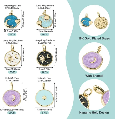 Miniatura 2 de Cheriswelry 12 dijes celestiales chapados en oro de 18 quilates con diseño de estrella, sol, luna, planos, redondos, esmaltados, colgantes, adornos