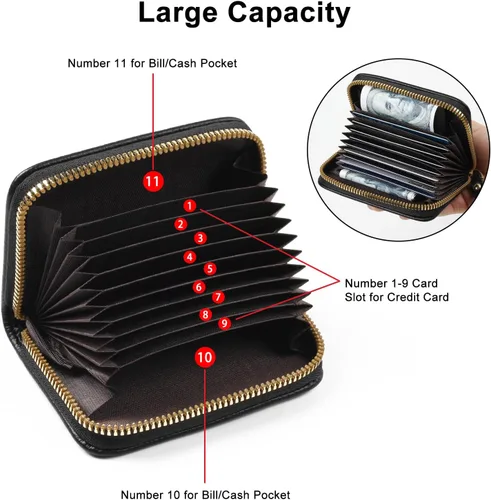 Miniatura 2 de Tarjetero RFID para tarjetas de crédito, cartera pequeña con cremallera de acordeón, estuche organizador de tarjetas para mujeres y hombres