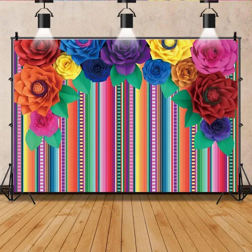 Miniatura 4 de Telón de fondo mexicano de 5 x 3 pies para fotografía de flores de papel colorido mexicano Cinco de Mayo Carnival Festival telón de fondo colorido a