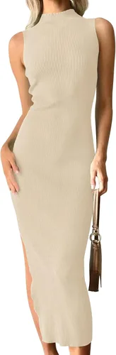 ZESICA Women's 2024 Summer Knitted Sweater Dress Sleeveless Mock Neck Ribbed Side Slit Bodycon Tank Midi Dresses