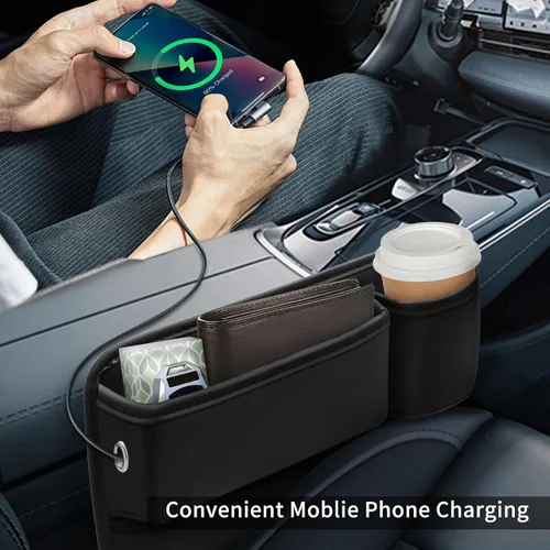 Miniatura 3 de Portavasos de cuero para automóvil, 2 piezas, relleno de huecos para asiento de automóvil con portavasos para tazas, gafas, tarjeta y llave Negro