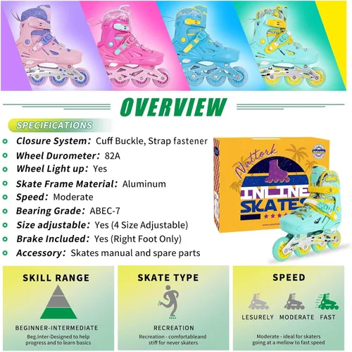 Miniatura 6 de Patines en línea Nattork para niñas y niños, patines ajustables con ruedas iluminadas en 4 tallas, patines iluminados para principiantes para niños
