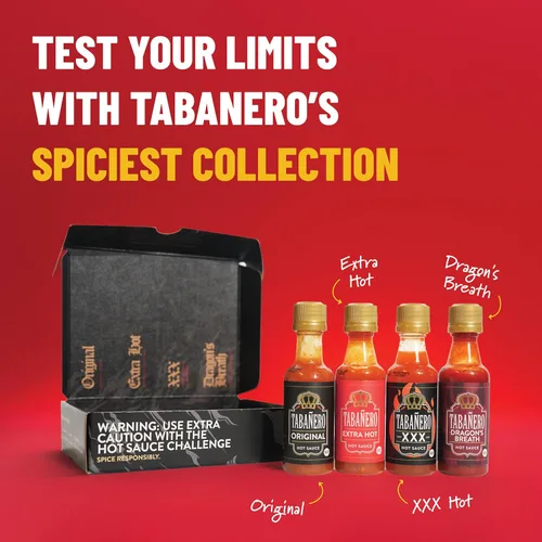 Miniatura 4 de Tabañero Challenge Box, juego de regalo de salsa picante, paquete de 4, original, extra, XXX Hot and Dragon's Breath, mini botellas de vidrio de 1.7
