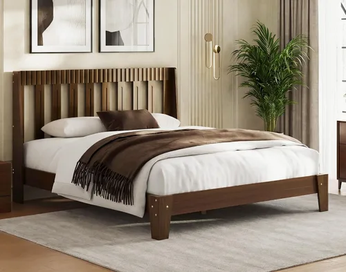 Miniatura 12 de Base de cama tamaño Queen con cabecero, marco de cama de madera moderna de mediados de siglo con cabecero acanalado y alas curvas, sin ruido,