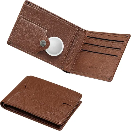 VEGALTY Billetera minimalista Rfid color marrón, billetera Airtag de microfibra, billetera plegable con bolsillo frontal, ventana oculta para