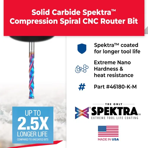 Miniatura 2 de Amana Tool Spektra Extreme Tool Life - Broca de compresión en espiral de carburo sólido CNC, 46180-K-M, 0.118 in de profundidad x 0.827 in CH x