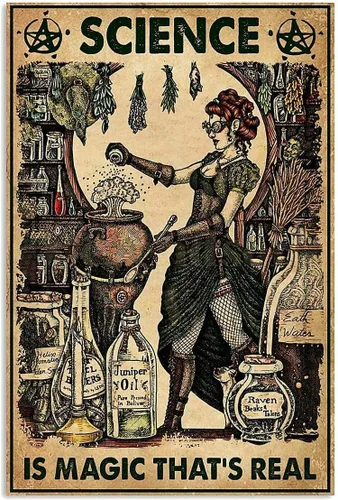 Science is Magic Witch - Letreros de metal vintage, placa de pintura de hierro, decoración de pared, bar, pub, hombre, cueva, gato, club, novedad,