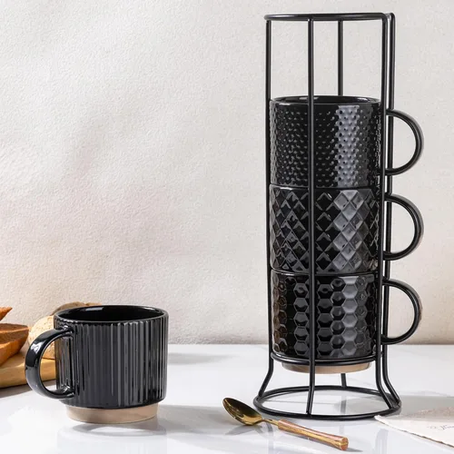 Miniatura 41 de GBhome Tazas de café apilables de 6 onzas, tazas de café de cerámica con patrones de textura para hombre, mujer, papá, mamá, juego de 4 tazas