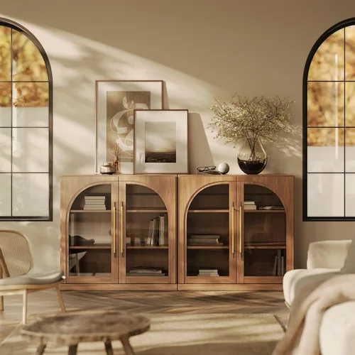 Miniatura 21 de BELLEZE Aparador Modular Acanalado Buffet con Almacenamiento, Mesa Consola Moderna de Mediados de Siglo con Puertas Arqueadas Simétricas, Elegante
