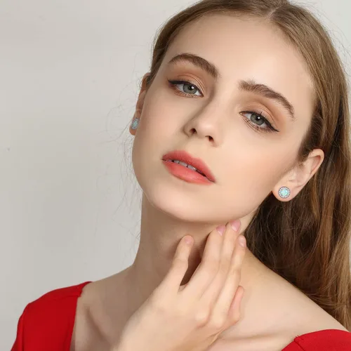 Miniatura 6 de Aretes de ópalo chapados en oro blanco para mujeres y niñas, aretes de ópalo con halo de circonita cúbica para mujer, Metal, Ópalo creativo