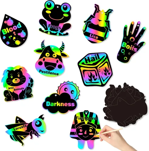 WATINC Juego de 60 piezas de arte de papel para rascar de Pascua con 10 plagas para niños, tarjetas de rascar de color mágico para manualidades,