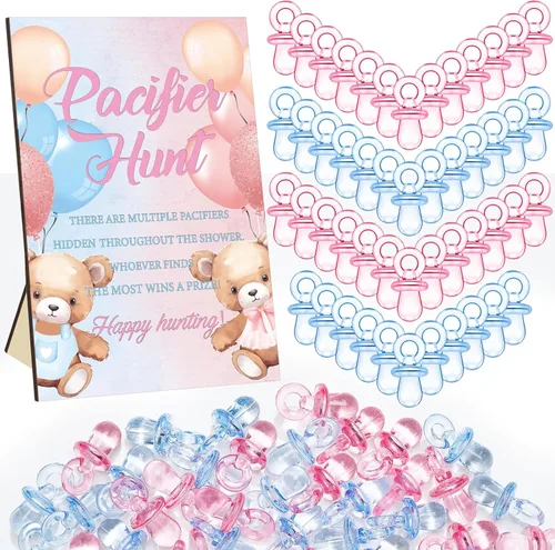 Miniatura 27 de Thyle Juego de 51 piezas de chupete de caza para baby shower, incluye signo de caza y 50 chupetes acrílicos para decoración de juegos de baby Rosa