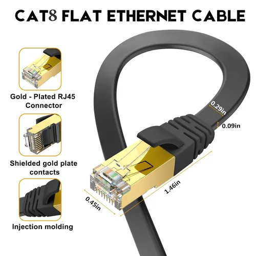 Miniatura 3 de Ercielook Cable Ethernet CAT8 de alta velocidad de 150 pies, cable de Internet plano blindado con clips, resistente a la intemperie S/FTP resistente