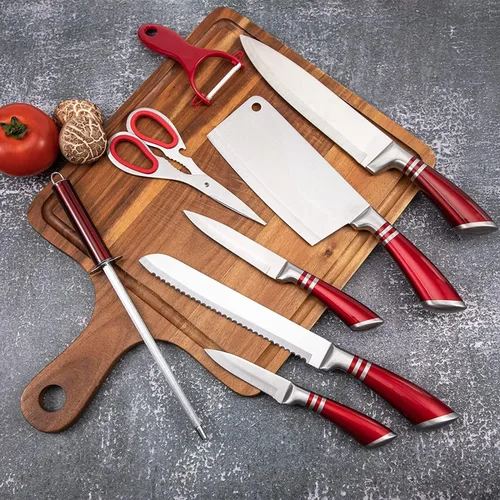 Miniatura 4 de Juego de cuchillos de cocina, juego de 9 cuchillos rojos con bloque acrílico, cuchillo de chef de acero inoxidable de alto carbono antiadherente