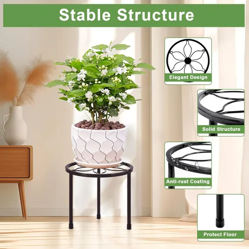 Miniatura 4 de VECELO Juego de 5 soportes de metal para plantas, soporte para macetas de alta resistencia, soporte redondo para plantas, color negro