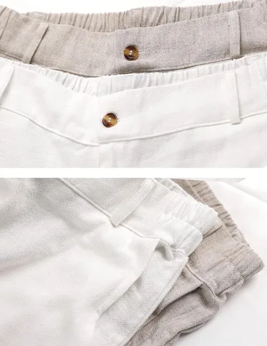 Miniatura 7 de Hooever Pantalones casuales de lino y algodón para mujer, con botones, cintura alta, pierna ancha
