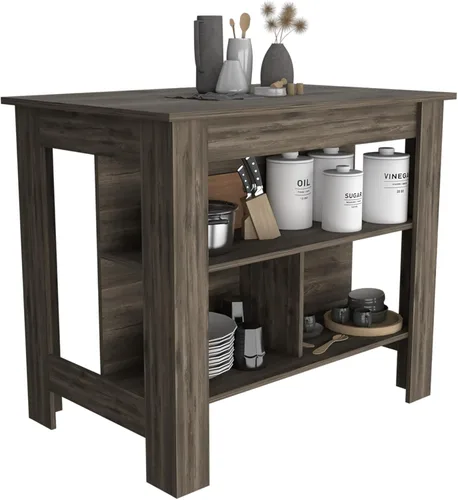 Miniatura 12 de Tuhome Cala Isla de cocina con mesa antimicrobiana, tres estantes abiertos, superficie de visualización superior y estación de trabajo de asiento