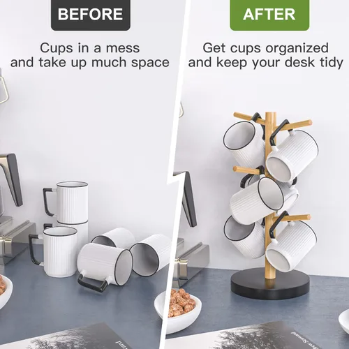 Miniatura 4 de Wisuce Soporte de bambú para tazas, base más gruesa, soporte para taza de café para mostrador, estante para tazas con 6 ganchos Base negra