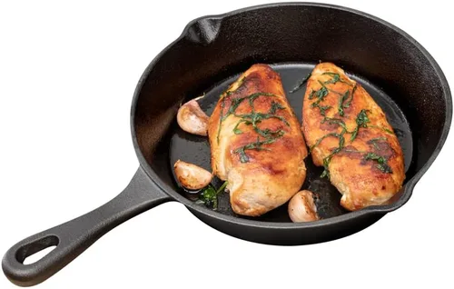 Restaurantware Met Lux - Sartén de hierro fundido de 7.75 pulgadas, 1 sartén de hierro fundido pre-sazonado, con asa con boquillas para verter,