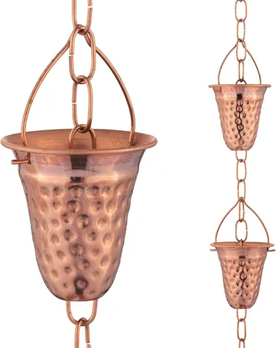 Miniatura 10 de Cadena de lluvia de cobre – Campanas decorativas y tazas reemplazan la canaleta y desvían el agua lejos de casa para una impresionante exhibición