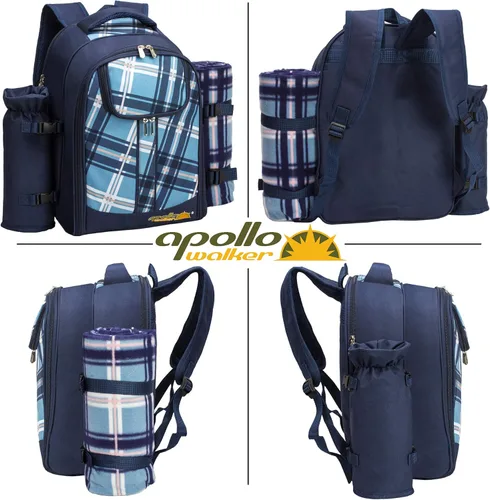 Miniatura 4 de Apollo walker Juego de mochila de picnic para 4 con compartimento refrigerador, soporte desmontable para botellas/vino que incluye manta de picnic