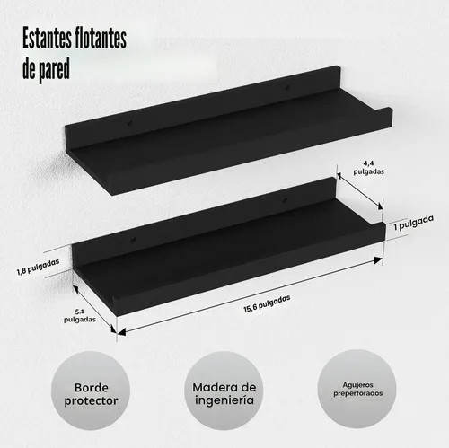 Miniatura 3 de Boswillon Juego de 2 estantes flotantes montados en la pared, modernos estantes de pared negros para almacenamiento con labio, estante de repisa