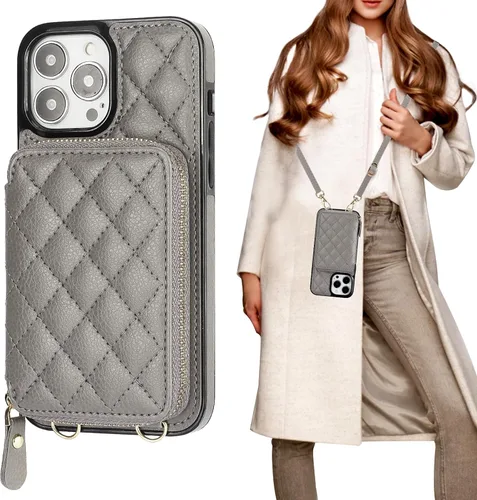 Bocasal Funda tipo cartera con bandolera para iPhone 13 Pro Max, cartera de cuero PU con cierre de cremallera y bloqueo RFID, funda tipo folio con