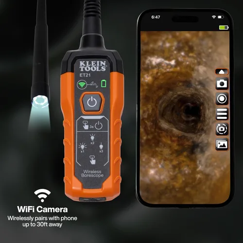Miniatura 3 de Klein Tools ET21 Boroscopio WiFi con luz, cámara de inspección para iPhone y Android, cámara impermeable, IP67 clasificada, iluminación LED ajustable