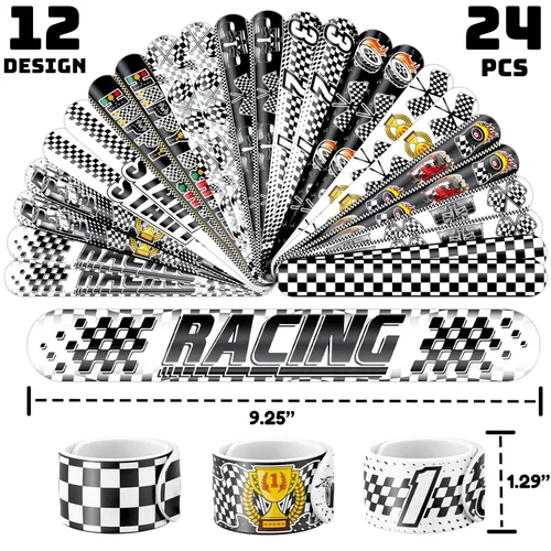 Miniatura 3 de Juego de 72 piezas de bandera a cuadros, 48 tatuajes temporales y 24 pulseras de palmada, suministros de cumpleaños temáticos de carreras, regalos