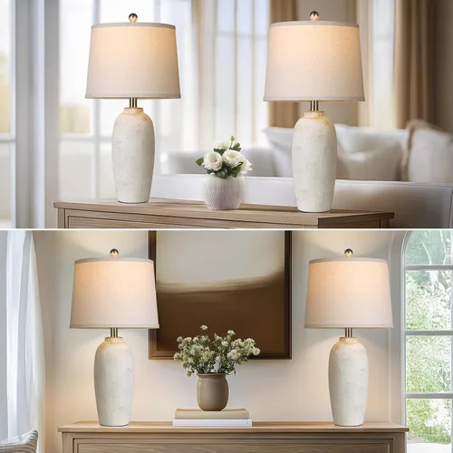 Miniatura 5 de Juego de 2 lámparas de mesa en tarro de cerámica de 25 pulgadas para dormitorio, lámparas de mesita de noche beige para sala de estar