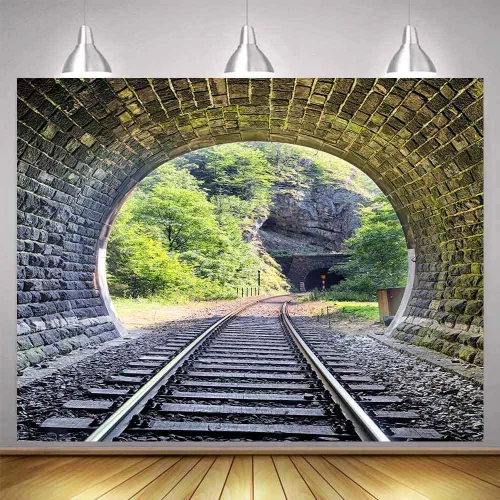 Miniatura 10 de Telón de fondo de pista de tren de 5 x 3 pies, túnel de montaña, ladrillo vintage, Sunmmer, paisaje, árboles verdes, sol, adulto, hombre, niño