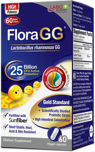 LABO Nutrition FloraGG Lactobacillus Rhamnosus LGG 25 mil millones de UFC al día (probiótico LGG con fibra solar) 5 capas microencapsulado L.