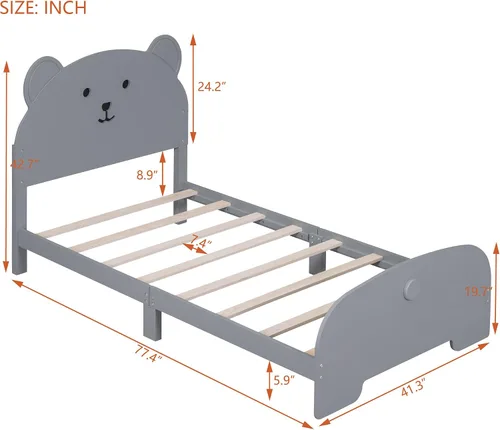 Miniatura 2 de Cama de plataforma de madera de tamaño individual con cabecero y estribo en forma de oso, sin ruido, para niños, adolescentes, niños y niñas,