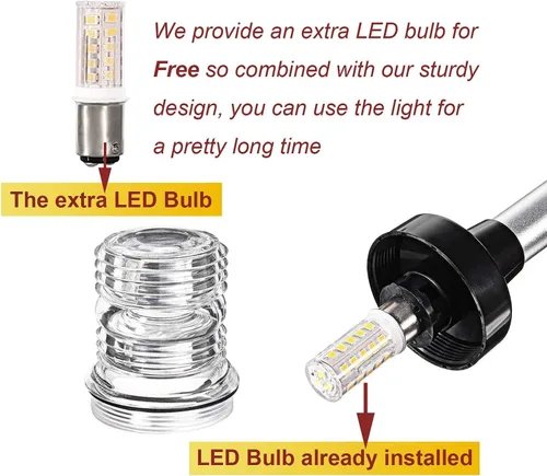 Miniatura 2 de Luces de ancla de navegación de 3 millas náuticas de 12 pulgadas todo alrededor 360° LED blanco con base y tubo de aluminio, bombilla LED adicional