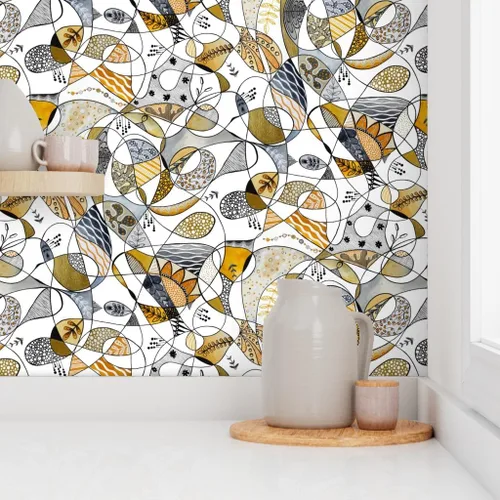 Miniatura 8 de Muestra de papel tapiz extraíble - Línea Gris Amarillo Grande Negro Blanco Hojas Círculos Puntos Papel pintado personalizado pre-pegado por