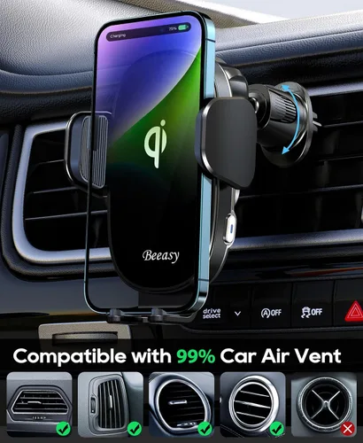 Miniatura 5 de Beeasy Cargador inalámbrico para automóvil, cargador rápido de 15 W, rotación de 360°, sujeción automática y liberación de un solo toque, soporte