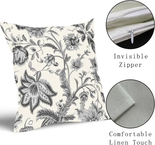 Miniatura 4 de Sweetshow Juego de 2 fundas de almohada florales vintage de 16 x 16 pulgadas, fundas de almohada florales negras y grises, fundas de almohada