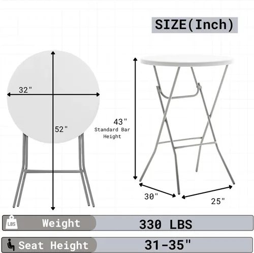 Miniatura 3 de BTExpert Mesa Plegable de Plástico de Granito Blanco Redonda de 32" Altura de Barra de 43" Mesa Comercial Portátil Mesa de Banquete Tarjeta Café