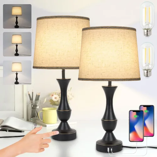 Miniatura 11 de LALISU Lámpara de mesa de granja con control táctil, lámpara de mesa regulable de 3 vías, lámpara moderna de mesita de noche con 2 puertos USB